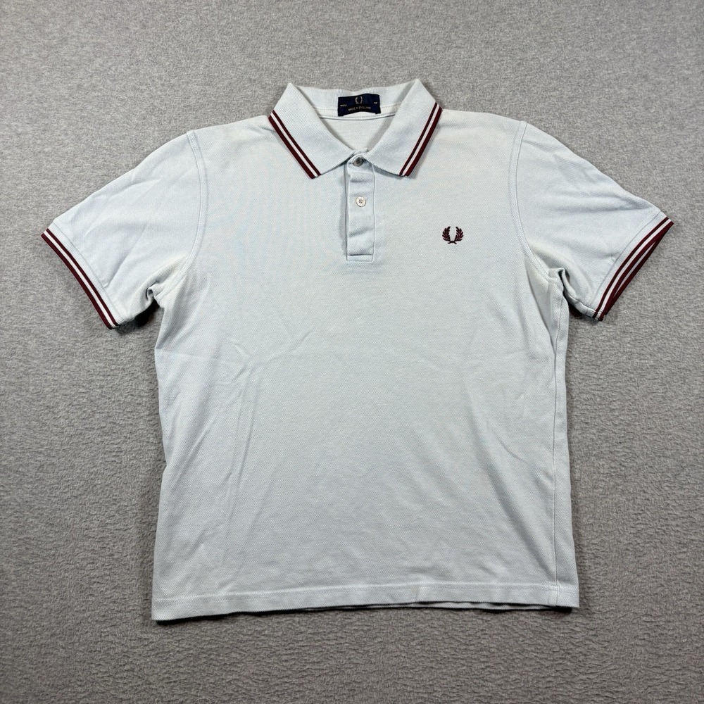 Fred Perry M12 Polo Shirt Mens 40 M Light Blue Maroon Twin Tipped Made England